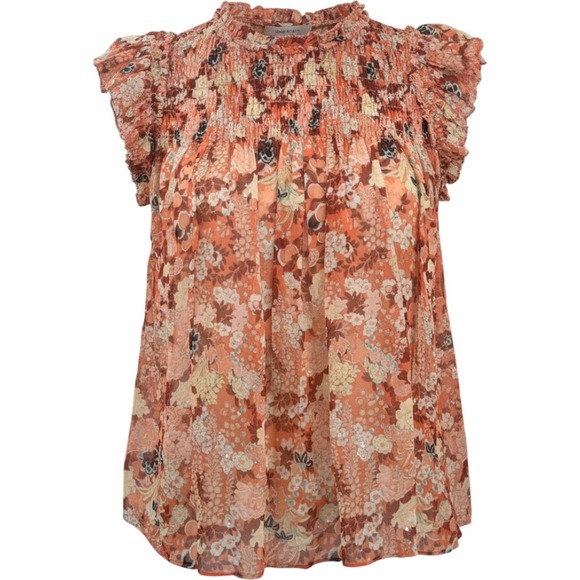 Ulla Johnson Tops - Ulla Johnson Blouse Womens Size 0 Orange Floral Silk Smocked Metallic Top